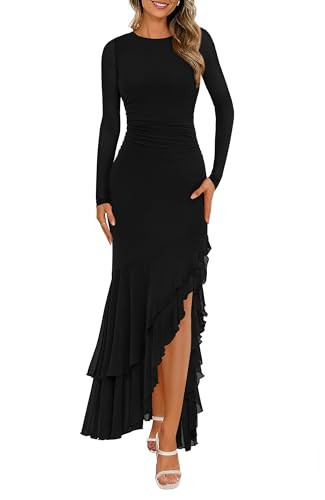 BTFBM Women's Maxi Dresses Fall 2025 Long Sleeve Ruched Bodycon Solid Ruffle Mermaid Cocktail Wedding Guest Dress(Black,X-Large) | Amazon (US)