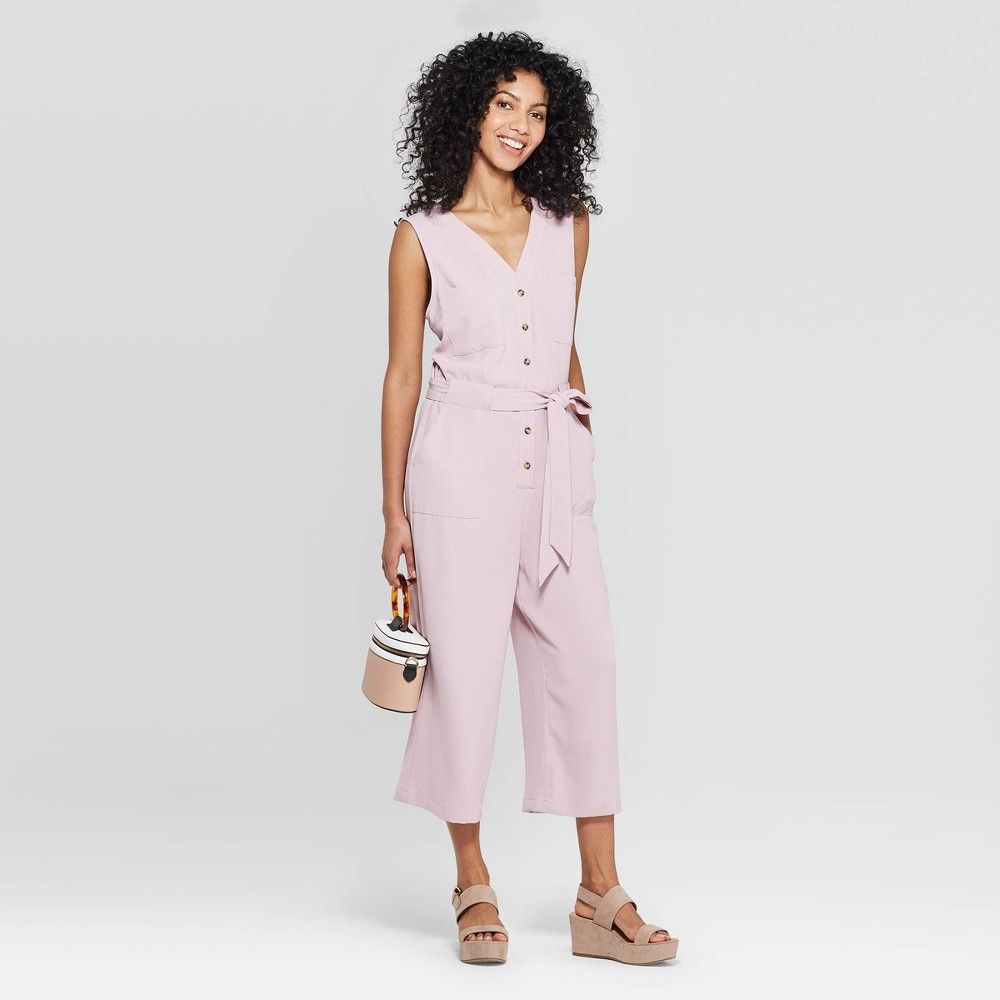 Women's Sleeveless V-Neck Button Front Jumpsuit - A New Day Smoked Pink L | Target