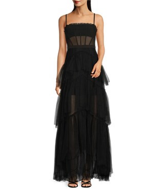 Betsy & Adam Illusion Tiered Ruffled Tulle Square Neck Mesh Sleeveless Gown | Dillard's | Dillard's
