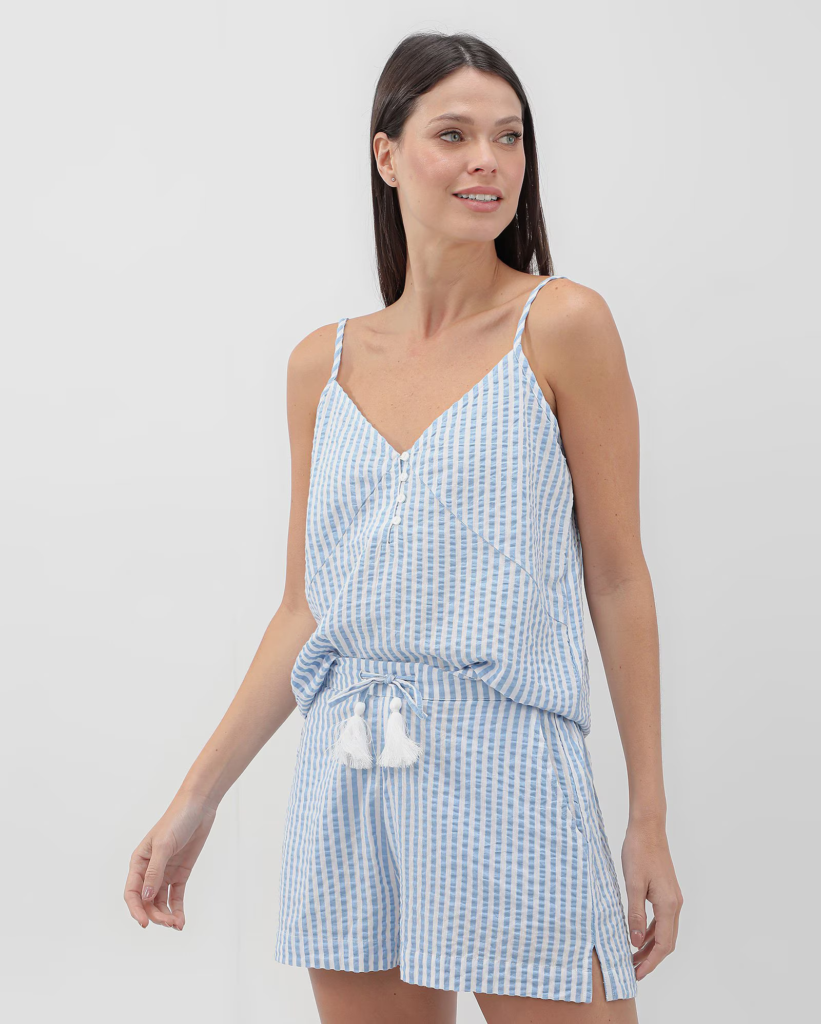 Short doll decote V com botões listrado azul | Riachuelo | Riachuelo (BR)