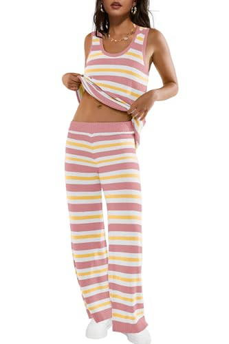 LAMISSCHE Womens Loungewear Set Oversized 2 Piece Outfits Striped Sweater Set Tank Top and Wide Leg Pants(Yellow&Pink,M) | Amazon (US)