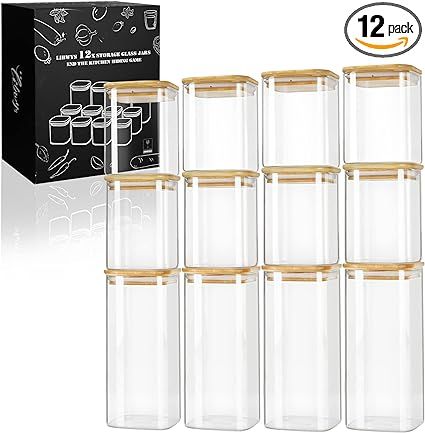 LIBWYS Square Pantry Glass Storage Jars with Bamboo Lids Set of 12, 297oz Airtight Food Container... | Amazon (US)