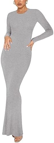 REORIA Women's Sexy Crew Neck Lounge Long Dress Elegant Long Sleeve Ribbed Bodycon Maxi Dresses | Amazon (US)