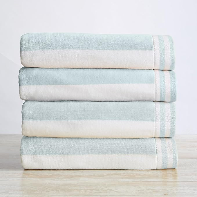 Great Bay Home 100% Cotton Velour 4 Pack Beach Towels | Blue Cabana Stripe Pool Towels | Quick Dr... | Amazon (US)