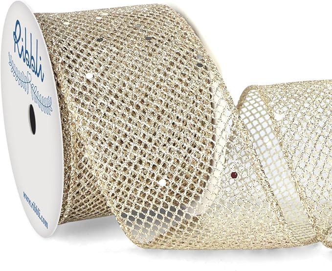 Ribbli Champagne Gold Glitter Wired Ribbon for Christmas Tree Diamond Mesh Sparkling Ribbon 2.5 I... | Amazon (US)