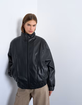 Topshop faux leather padded seam detail bomber jacket in black | ASOS (Global)