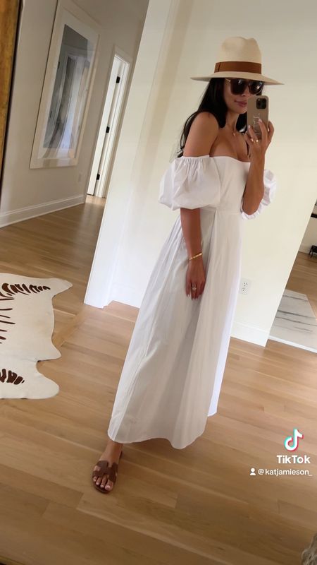 Kat Jamieson wears an easy white dress for summer. White dresses, summer outfit, off the shoulder, puff sleeve. 

Size down in dress.

#LTKshoecrush #LTKSeasonal
