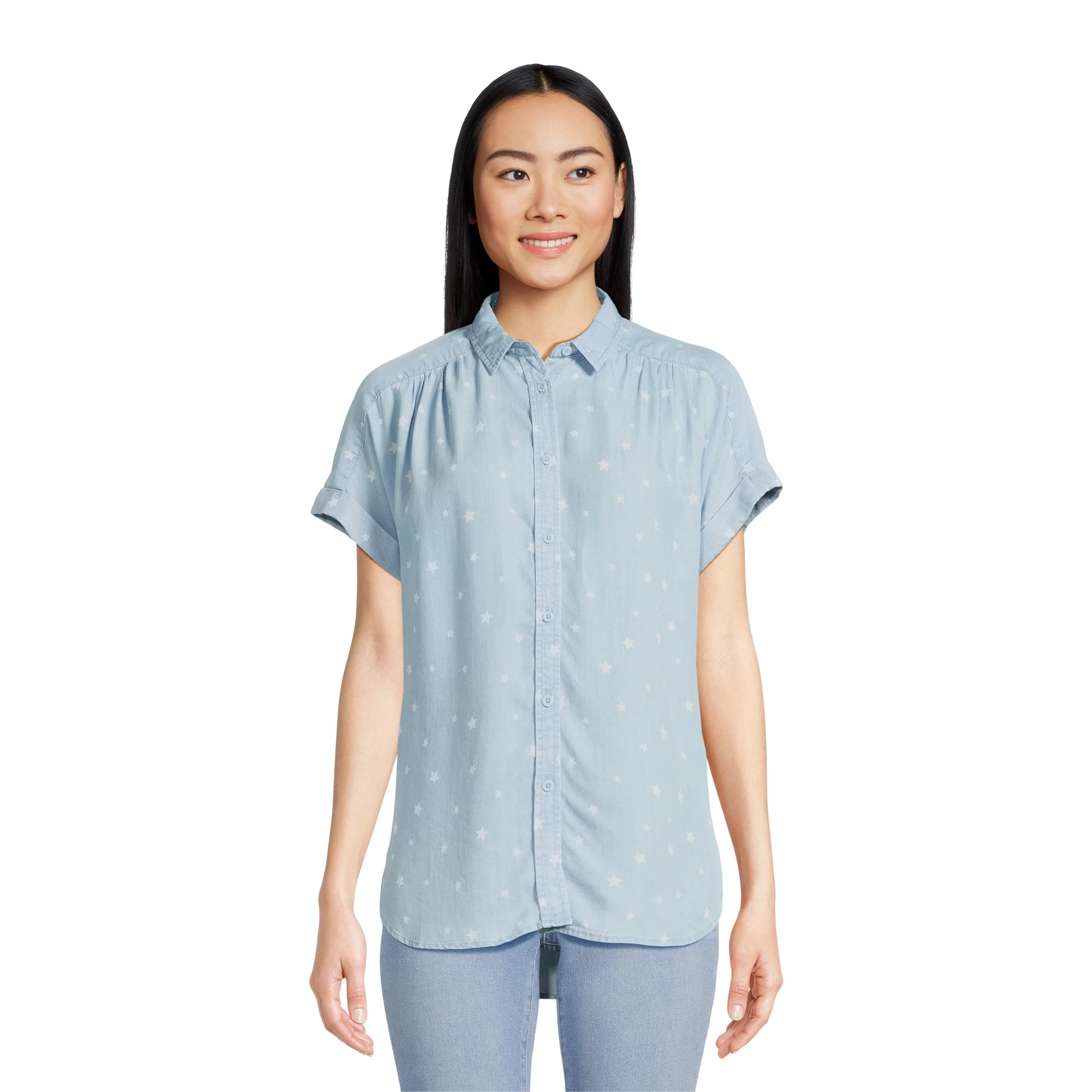 Time and Tru Women's Button Down Camp Shirt with Roll Cuff Sleeves, Sizes XS-XXXL | Walmart (US)