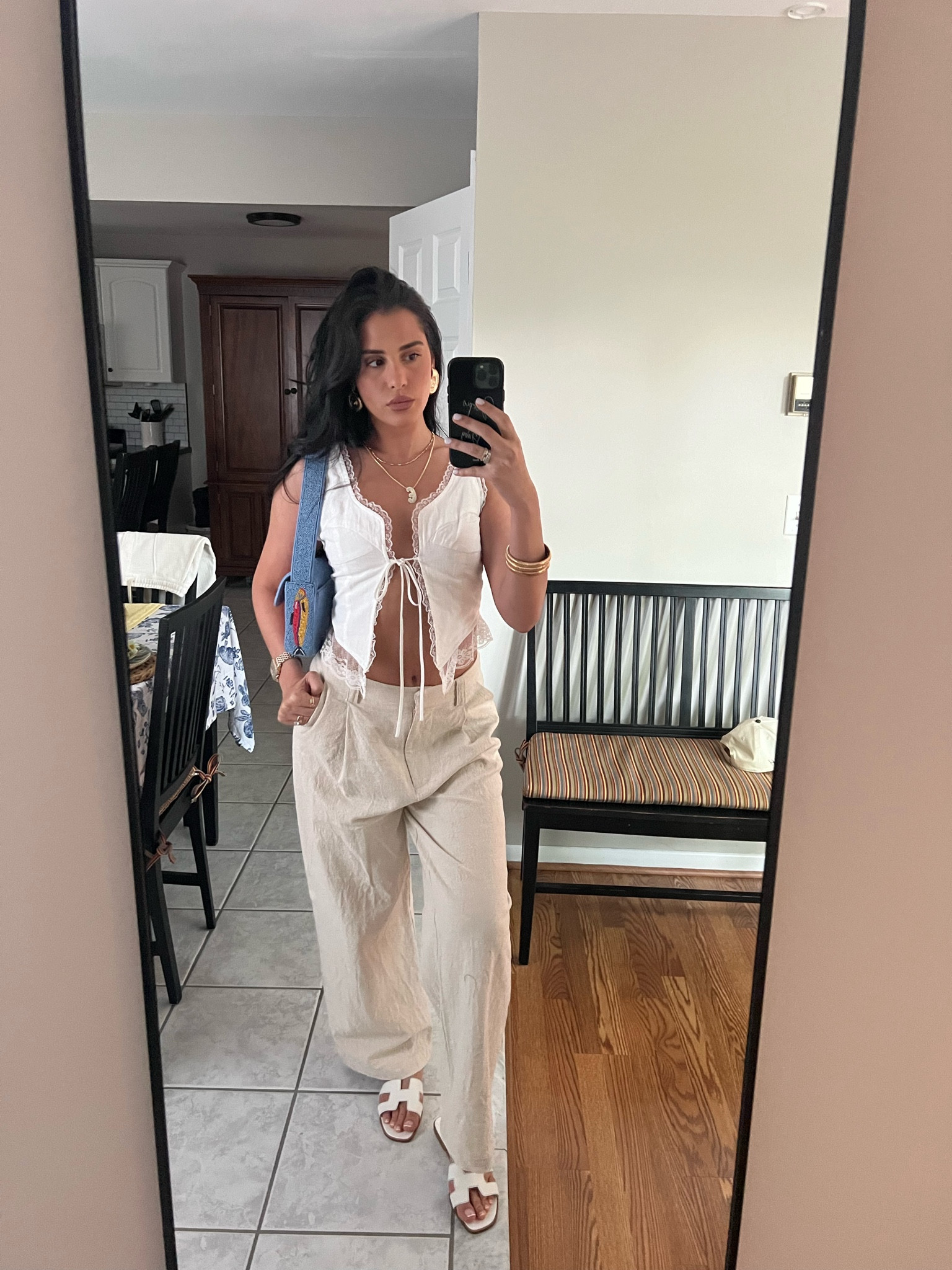 size small lioness top, size us 4 lioness bottom, hermes oran sandals, staud tommy bag