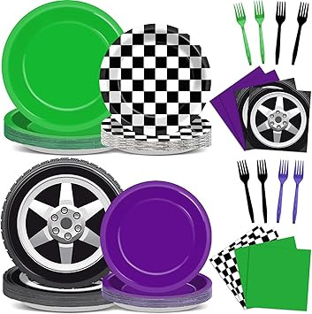96Pcs Monster Truck Party Supplies Green Purple Monster Truck Birthday Party Plates and Napkins B... | Amazon (US)
