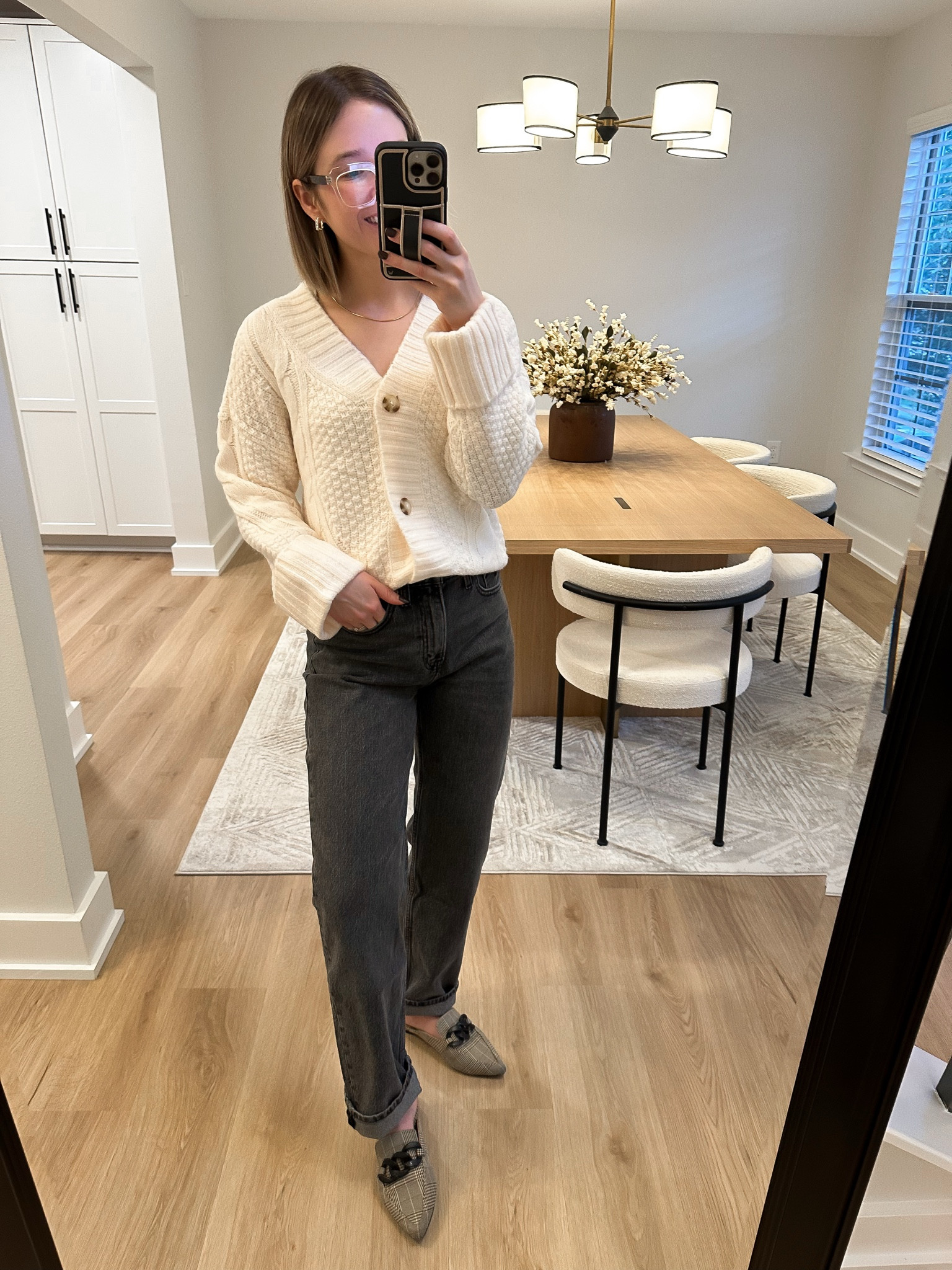 Recent Abercrombie order linked here 

Seed stitch cable cardigan xs tts 

Women’s high rise vintage straight Jean size 25r tts for this style but not sure I love these jeans on me 

Steve Madden plaid chain mules - linked similar 

#LTKFindsUnder100 #LTKStyleTip #LTKSeasonal