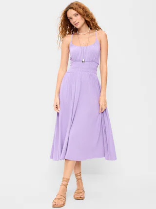 Fit & Flare Jersey Smocked-Waist Midi Dress | Old Navy (US)