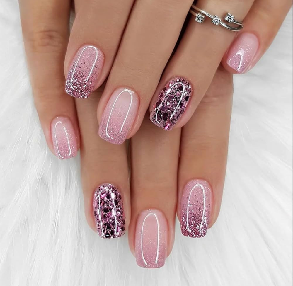 Curvlife Press On Nails Pink Diamond Acrylic Short Fake Nails Design Stick On Nails Tips, Glue On... | Amazon (US)