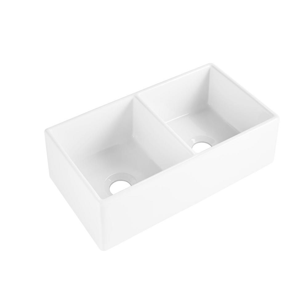 Brooks II Farmhouse/Apron-Front Fireclay 33 in. 50/50 Double Bowl Kitchen Sink in Crisp White | The Home Depot