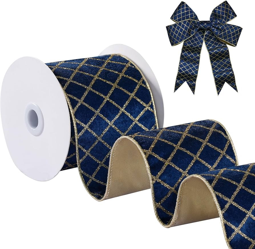 FAKILO Wired Velvet Ribbon 4inch, Navy Blue Glitter Diamond Grid and Metallic Velvet Wire Ribbon ... | Amazon (CA)