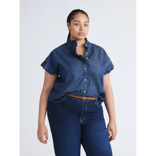 Free Assembly Women's and Women's Plus Ruffle Trim Neck Top with Short Sleeves, Sizes XS-4X | Walmart (US)