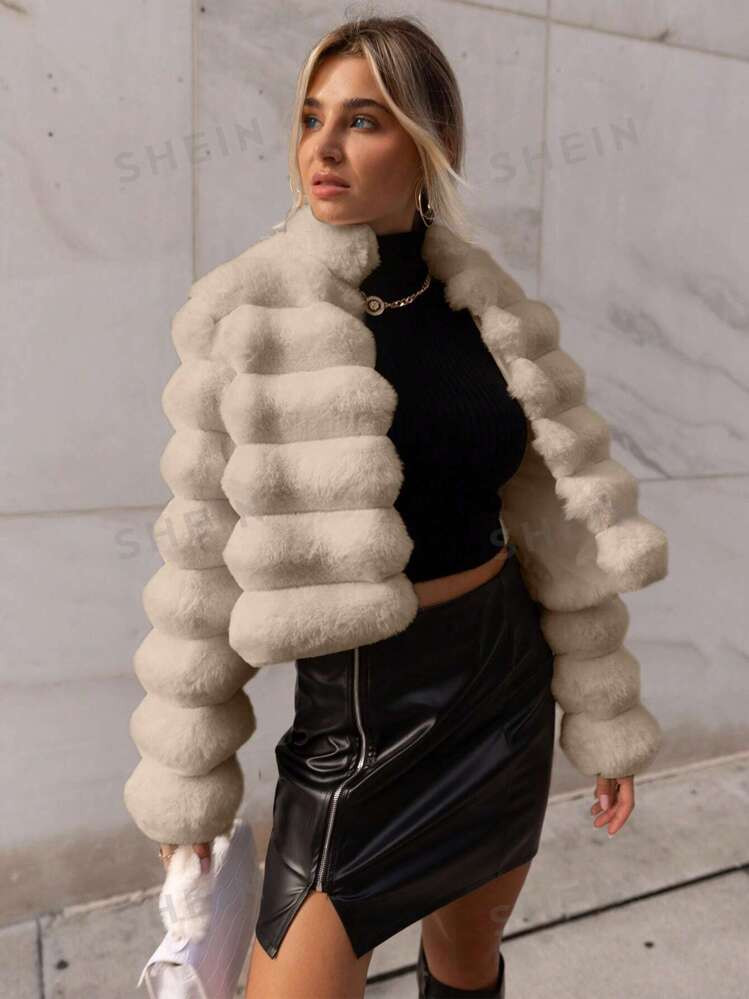 Firerie Going Out Solid Open Front Crop Fuzzy Coat | SHEIN