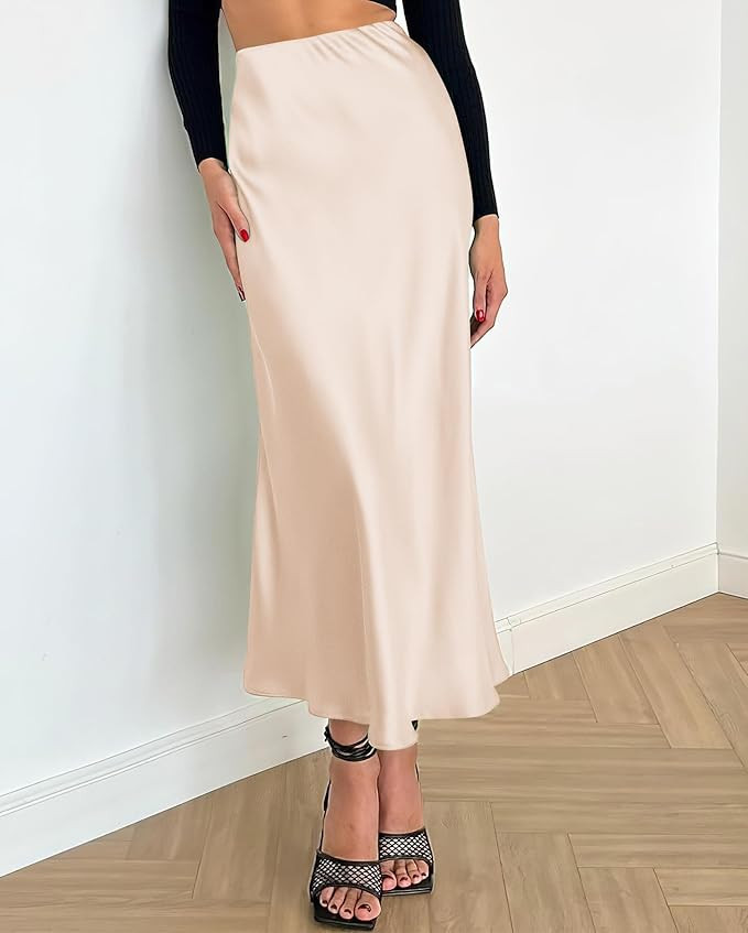 BTFBM 2025 Women Long Satin Summer Fall Skirt Silk Elegant High Waist Cocktail Party Wedding Flar... | Amazon (US)