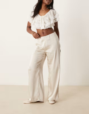 AWARE wide leg satin pull on trousers in stone | ASOS (Global)