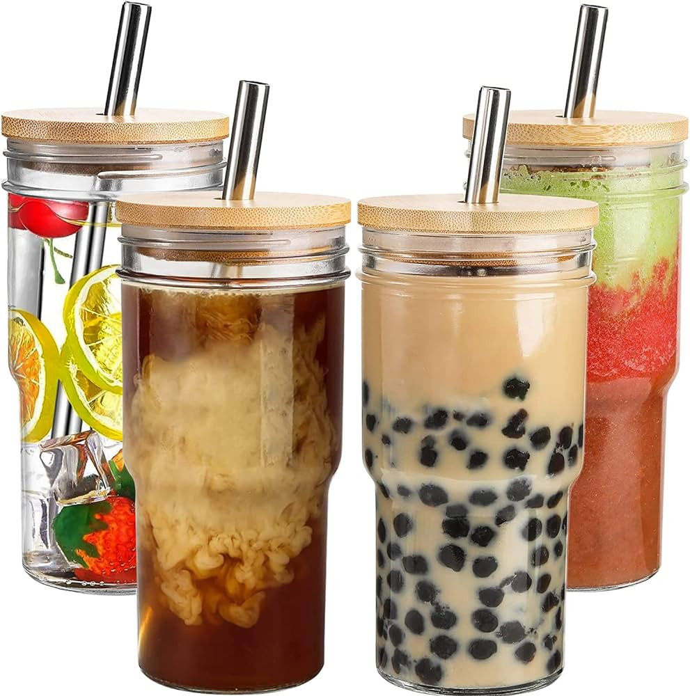4 Pack Glass Tumbler Cups with Bamboo Lids and Straws,22oz Iced Coffee Cup Reusable Boba Cup Smoo... | Amazon (US)