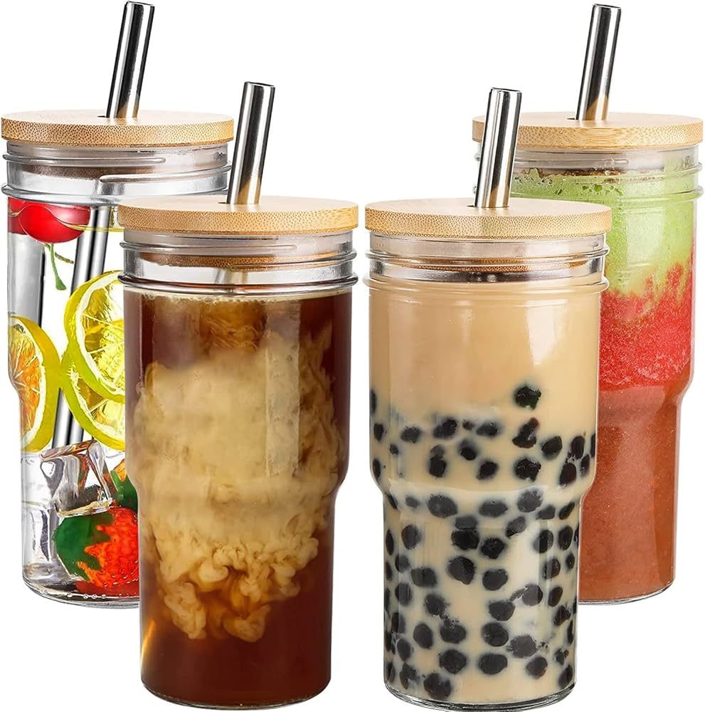 4 Pack Glass Tumbler Cups with Bamboo Lids and Straws,22oz Iced Coffee Cup Reusable Boba Cup Smoo... | Amazon (US)
