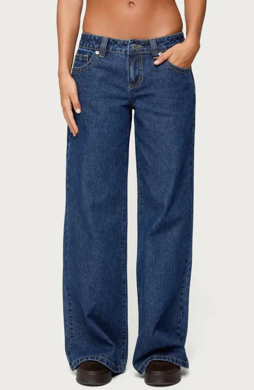 EDIKTED Raiyne Low Rise Wide Leg Jeans in Dark-Blue at Nordstrom, Size Small | Nordstrom