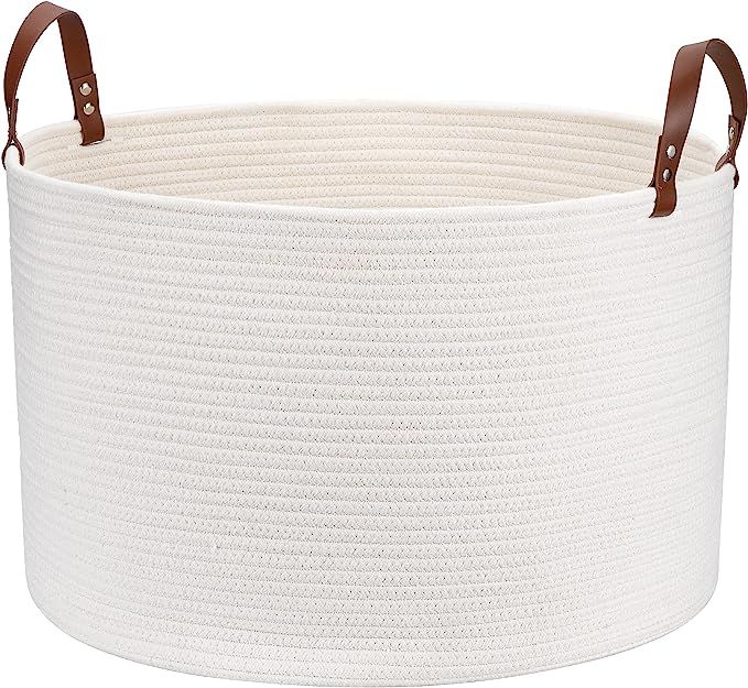 Blanket Basket Extra Large Woven Baskets for Storage Cotton Rope Basket with Real Leather Handles... | Amazon (US)