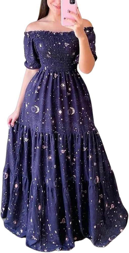 Womens Shoulder Dresses,Elegant Tie Dye Print, Smocked Sexy Short Sleeve Long Dress, Plus Size Fl... | Amazon (US)