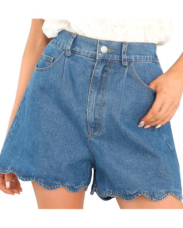 Women Casual High Waist Jean Shorts Wave Hem Trendy Flared Denim Short | Amazon (US)