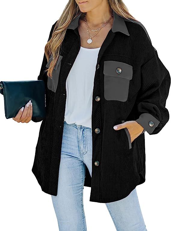 GRAPENT Women's Shacket Jacket Corduroy Long Sleeve Shirts Oversized Button Down Coat | Amazon (US)