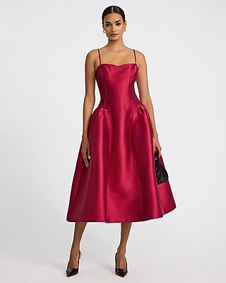 Express Women's Satin Sweetheart Drop Waist Midi Fit And Flare Dress With Pockets in Red XS | Express