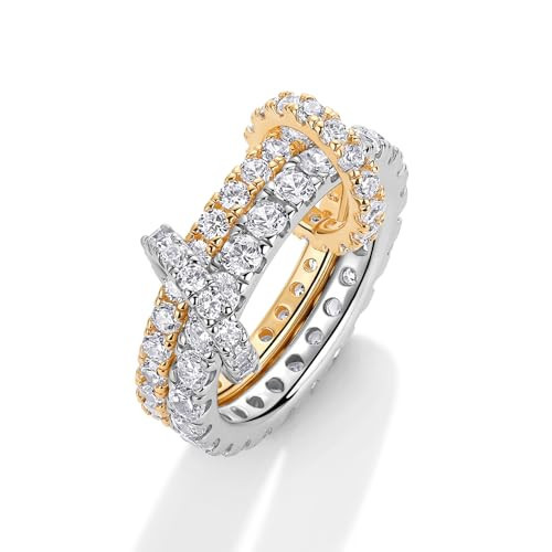 PAVOI 14K Gold Plated Interlocking Mixed Metal Ring for Women - Chunky Two Tone Connected Bands Interlock Stackable Rings for Women - Trendy Cubic Zirconia Interlocked Statement Multi-Band Jewelry - Size 6 | Amazon (US)