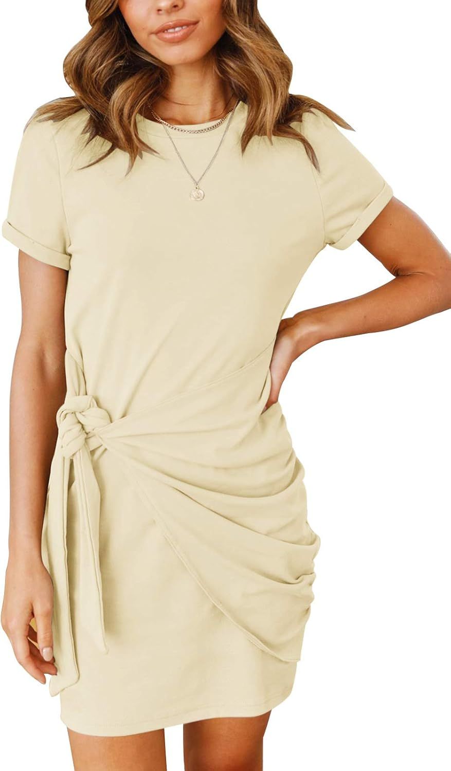 MEROKEETY Women's Short Sleeve Crew Neck T Shirt Dress Tie Waist Ruched Bodycon Mini Dress | Amazon (US)