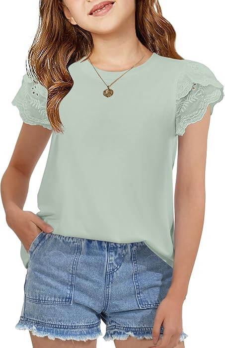 Arshiner Girls T Shirts Lace Petal Short Sleeves Kids Crewneck Tops Clothes | Amazon (US)