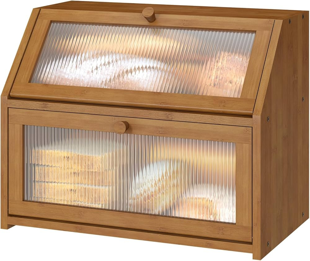 Bread Box for Kitchen Counter, Large Bamboo Wood Double Layer Bread Box, Wooden Bread Storage Cap... | Amazon (US)