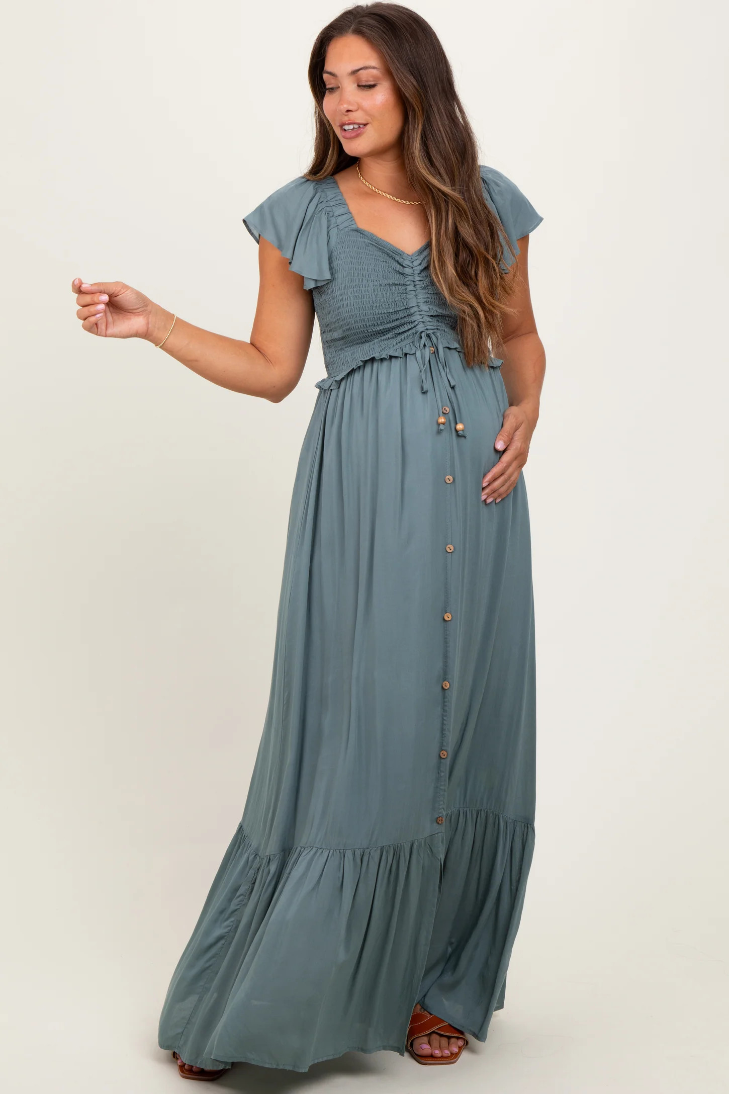 Sage Smocked Top Woven Maternity Maxi Dress | PinkBlush Maternity