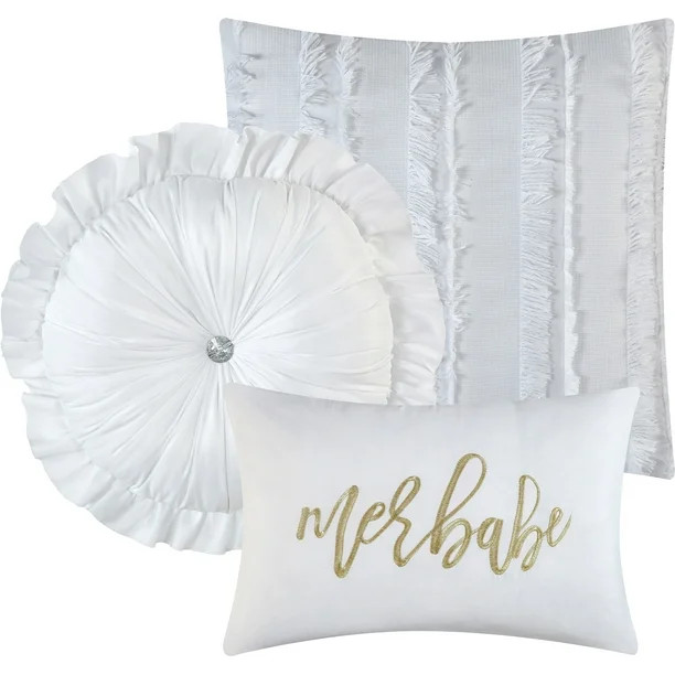 Nanshing Dessy 7-Piece Fringe Embroidered Microfiber Comforter Set with Bonus Pillows, Queen, Whi... | Walmart (US)