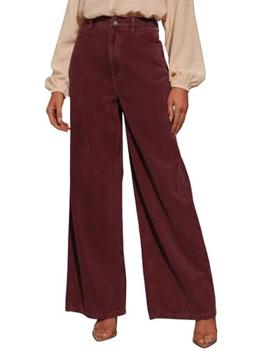 Sidefeel Women's Corduroy Pants Casual High Waisted Wide Leg Elastic Waist Loose Trousers with Pockets Racing Red Large | Amazon (US)