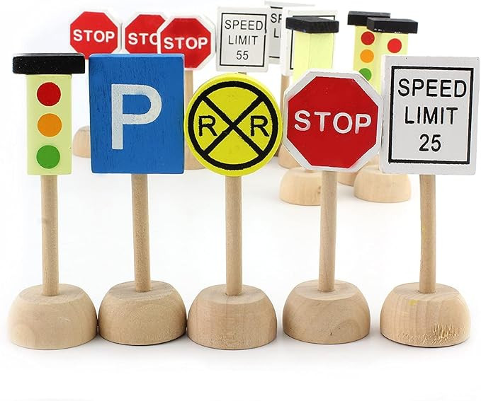 Attatoy Kids Wooden Street Signs Playset (14-Piece Set), Wood Traffic Signs Perfect for Car & Tra... | Amazon (US)
