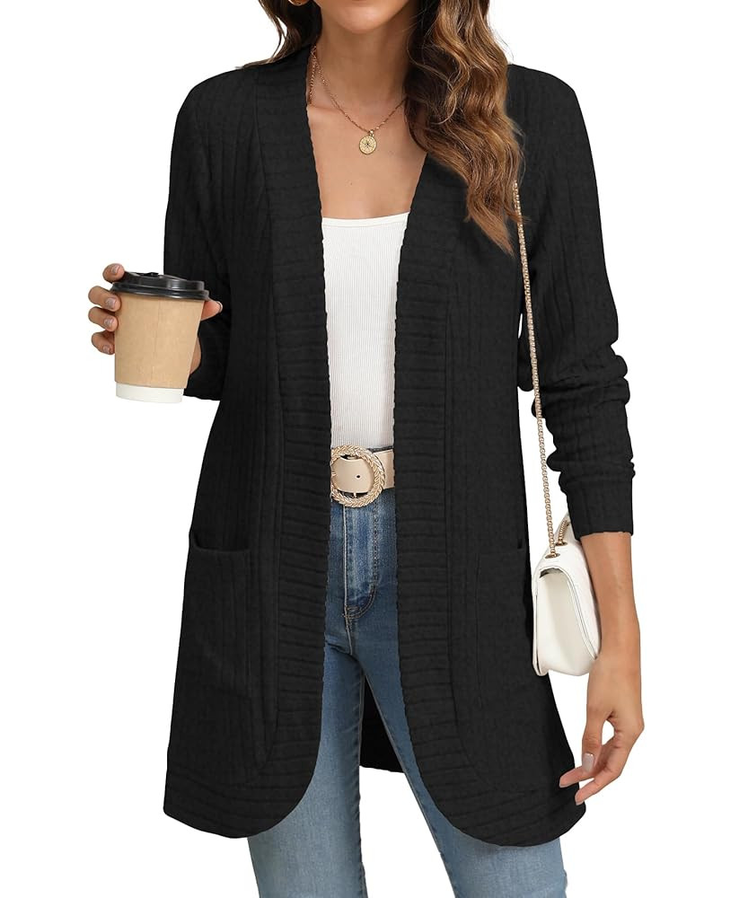 Women Long Sleeve Open Front Cardigan Casual Lightweight Long Cardigans Loose Knit Outwear with P... | Amazon (US)