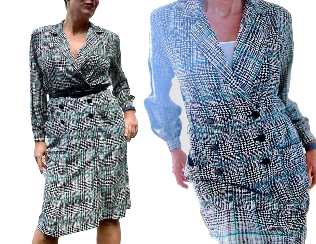 Vintage Shirtdress, 80s Aesthetic Glen Plaid Blousy Dress, Double Breasted. FINAL SALE. L. 12 - E... | Etsy (US)