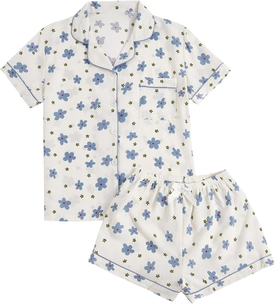 Verdusa Women's 2 Piece Pajama Set Matching Pjs Sets Cute Printed Sleepwear Button Up Shirt with ... | Amazon (US)