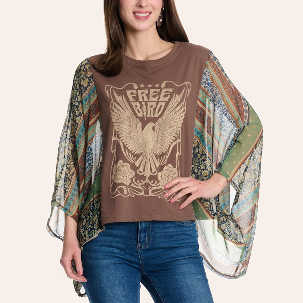 Zutter Women’s Brown Free Bird Graphic Kimono Sleeve T-Shirt | Cavender's