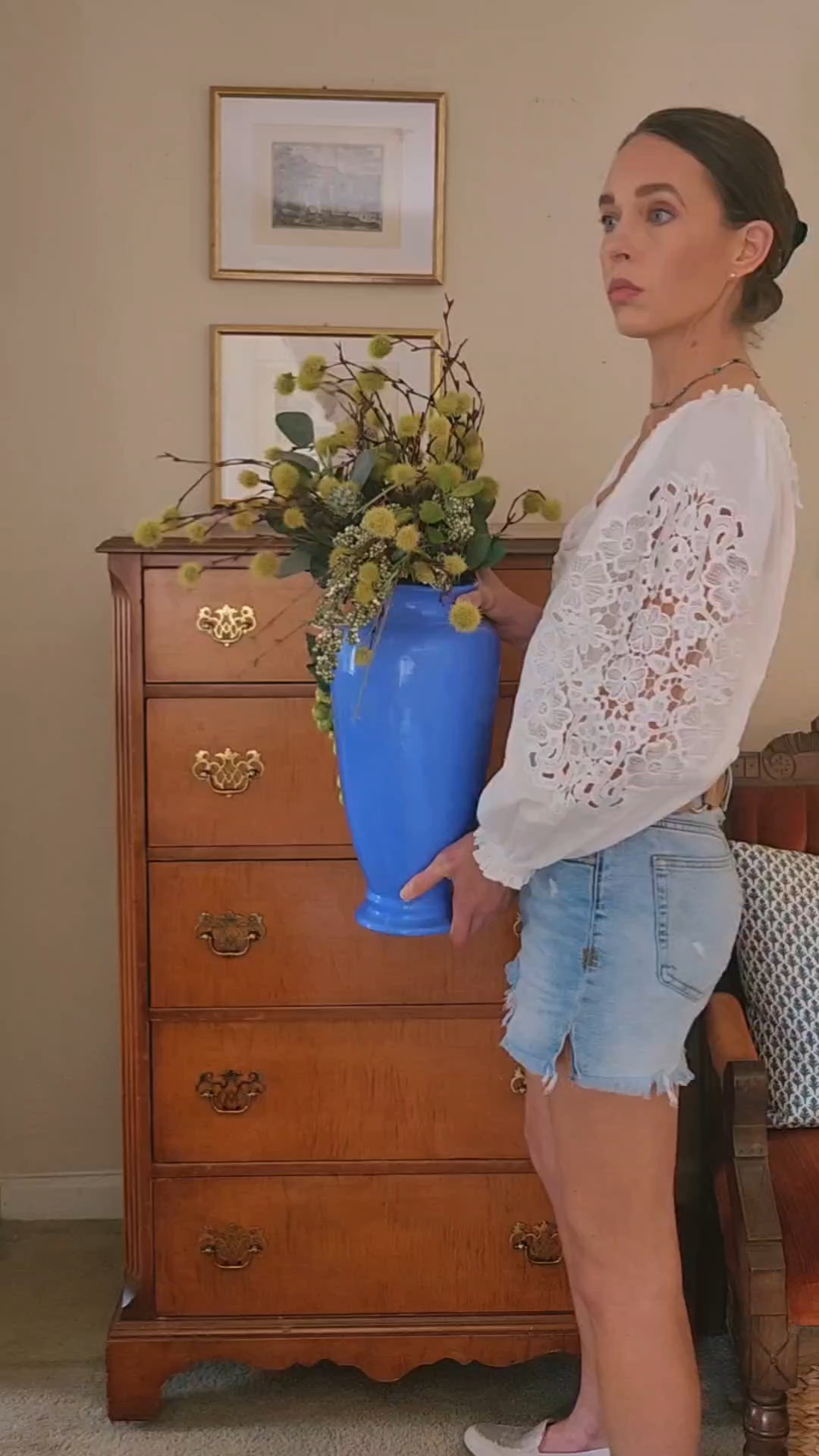 What's old is new again, like with my grandmother's vintage blue vase. Home decor. Decorative bowl. Coffee table books. Antique. Dresser. Decorative bird. Framed vintage drawing art prints. Jean shorts. Boho top. Summer style 

#LTKHome #LTKSaleAlert #LTKootd