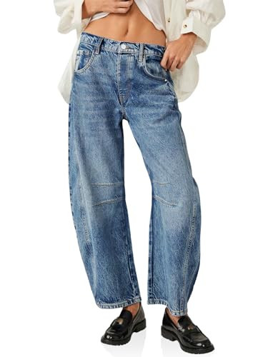PLNOTME Women's Boyfriend Jeans Loose Fit Vintage Wide Leg Mid Rise Barrel Mom Denim Ankle Pants | Amazon (US)