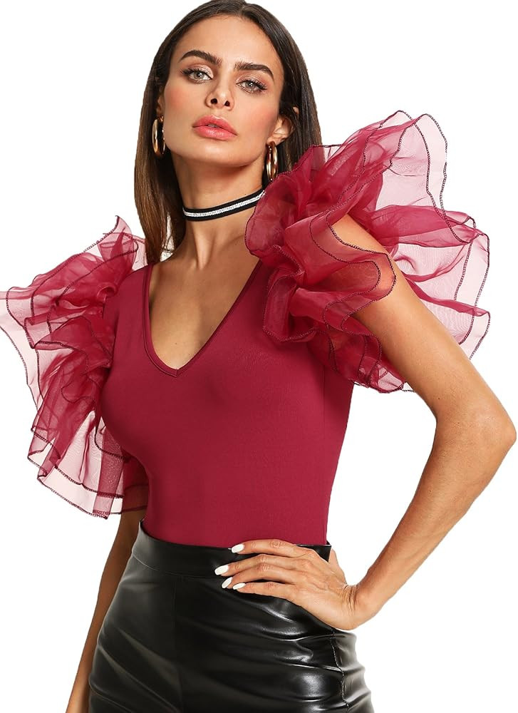 Women's V Neck Ruffle Mesh Sleeve Stretchy Party Romper Bodysuit | Amazon (US)