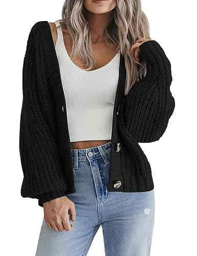 Zeagoo Women's Fall Chunky Knit Cardigans Open Front Long Sleeve V Neck Button Loose Cardigan Sweaters Black | Amazon (US)
