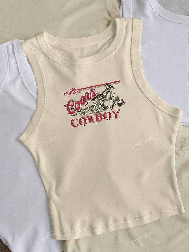 Women's 2025 Vacation Casual Wide Strap Vintage Western Cowgirl Pattern Tank Top, Versatile Summer Tank Top | SHEIN