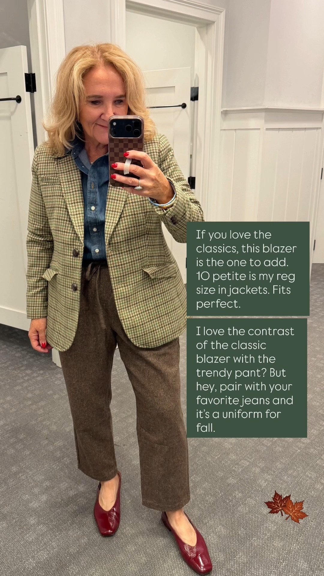 10 petite in this classic British tweed blazer 
Med petite in the wool blend pull on tapered pant 
Med petite in denim top 
Flats see true to size

#LTKSaleAlert #LTKOver40 #LTKWorkwear