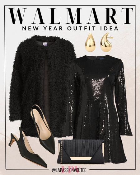 Dazzle the night away with Walmart's glamorous New Year's look! Shine in a sequin dress paired with a luxurious faux fur jacket, elevate your style with statement earrings, step out in chic pumps, and carry your essentials in a stylish clutch. Celebrate the countdown in fashion-forward flair with Walmart's stunning collection!

#LTKstyletip #LTKSeasonal #LTKHoliday